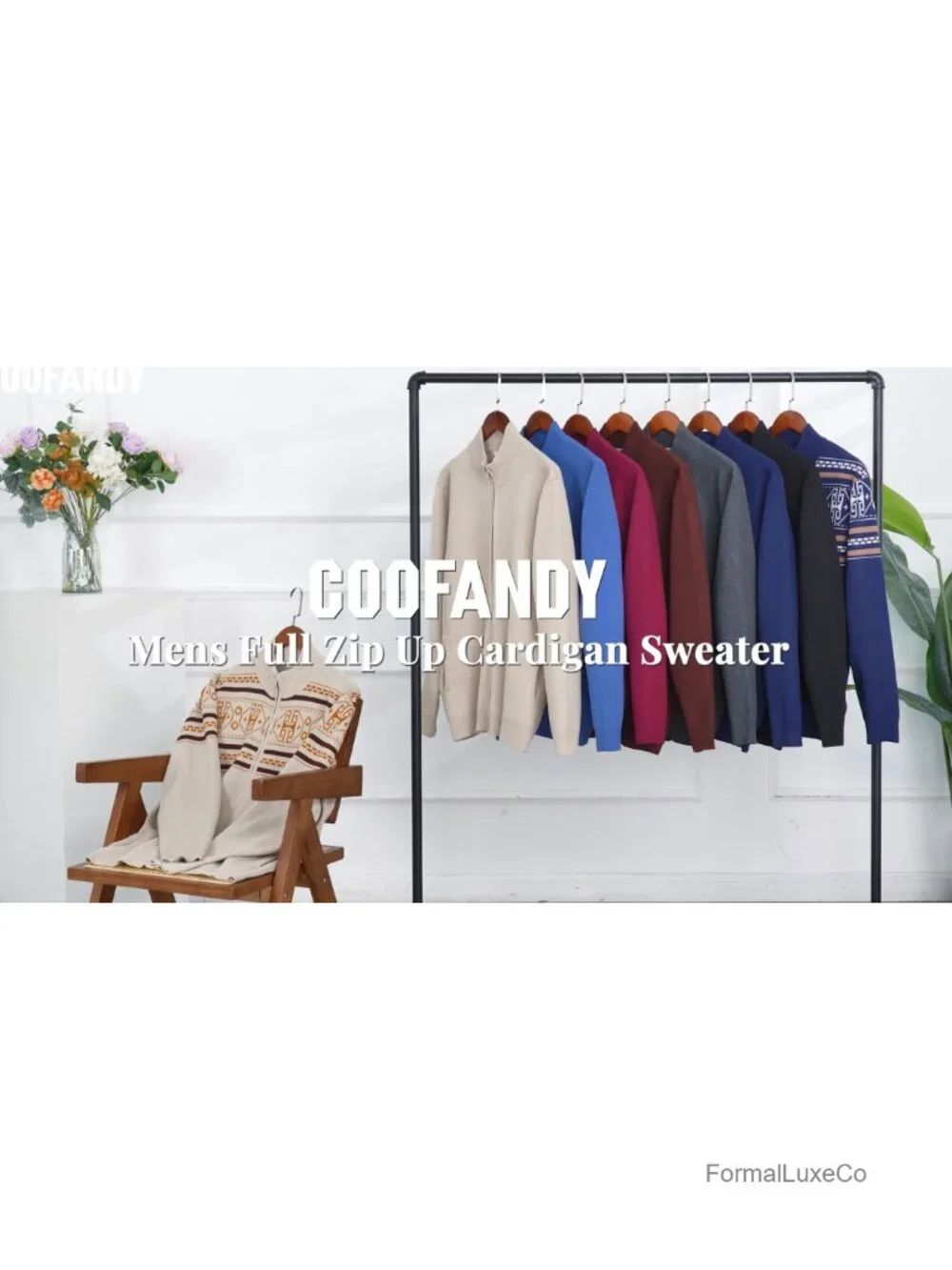 Men's Full Zip Cardigan Sweater Mock Neck Fair Isle Knit Long Sleeve